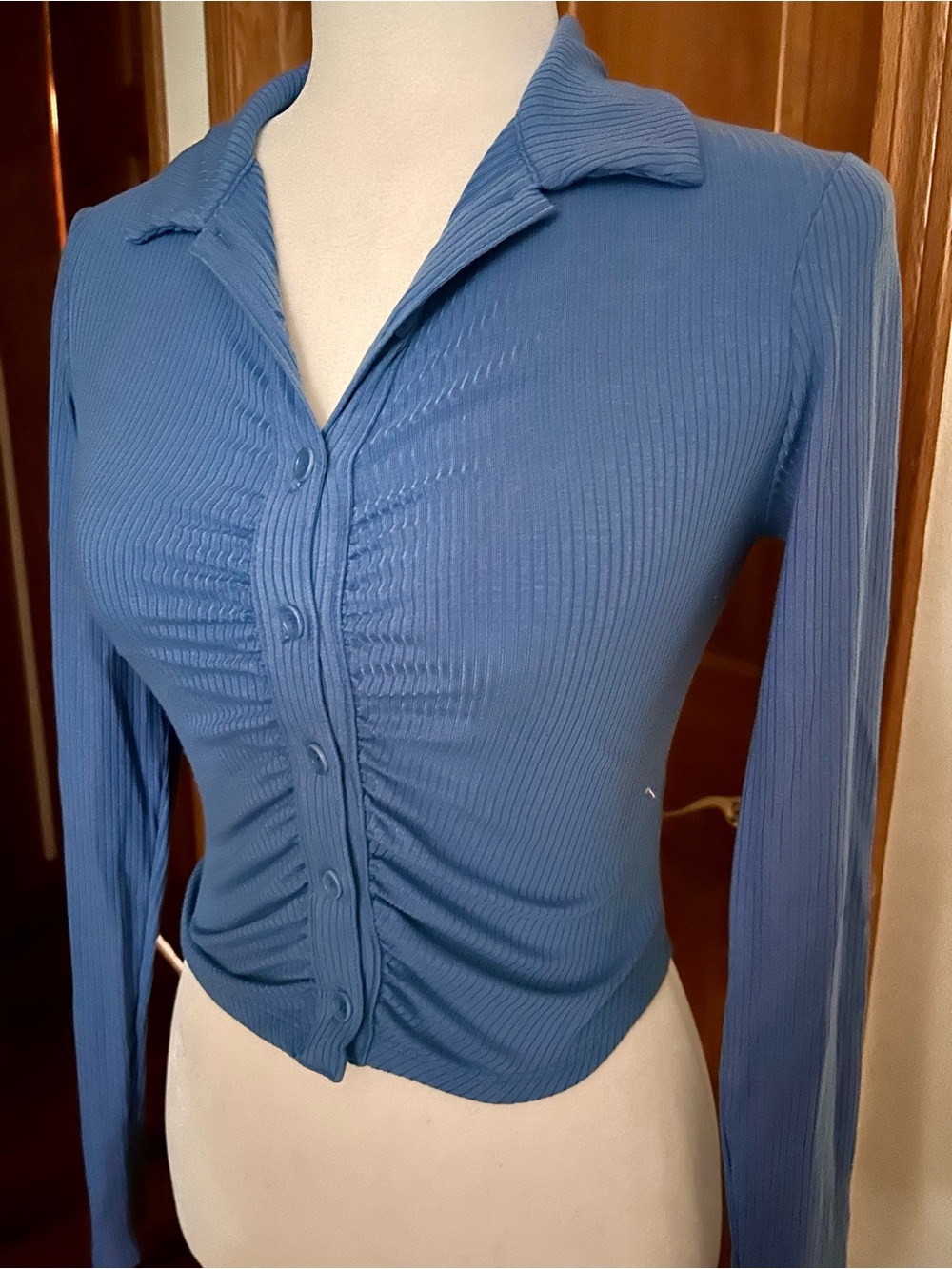 Reformation Blue Ribbed Ruched Button-Down Top - Picture 4 of 6